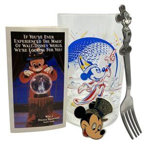VTG 90s Disney World Collector Set - Glass, Mickey Fork, Mickey Pin, & Brochure